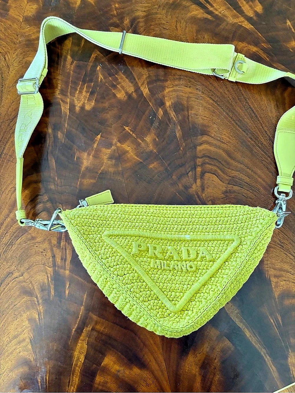 Authentic Prada Raffia-Effect Crochet Triangle Shoulder Bag Green